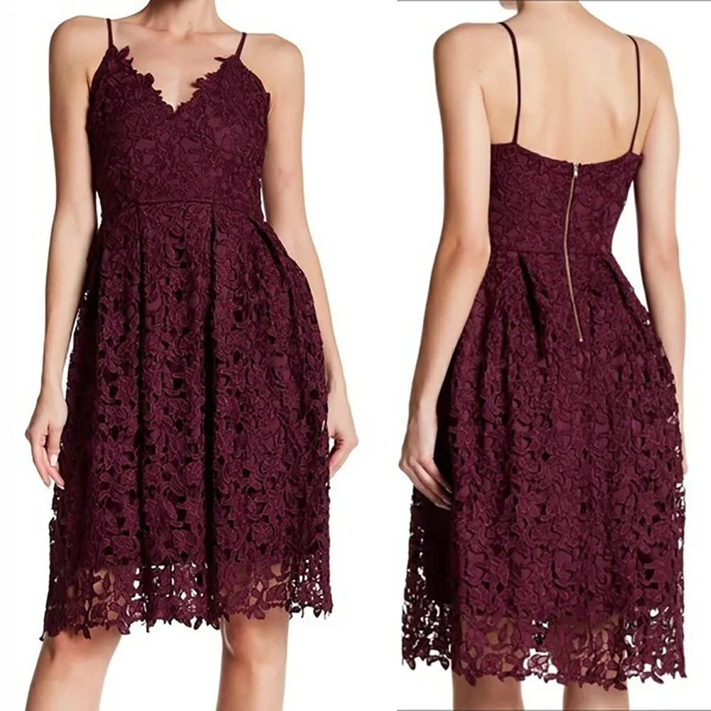LOVE...ADY Lace Dress S Midi Spaghetti Fit Flare Wine Overlay 2/4 Aqua NWOT 50s - Picture 1 of 14